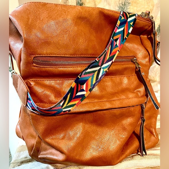 Boho Convertible Backpack Purse — Vegan Leather Camel Tan Bag with Aztec Strap - Picture 7 of 15